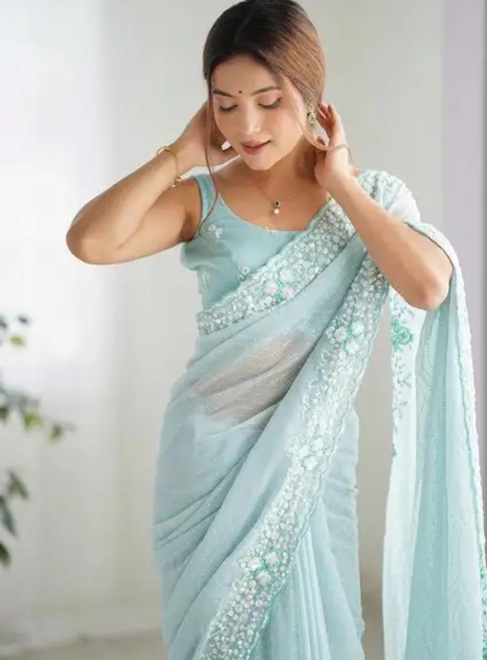 Powder Blue Embroidered Saree