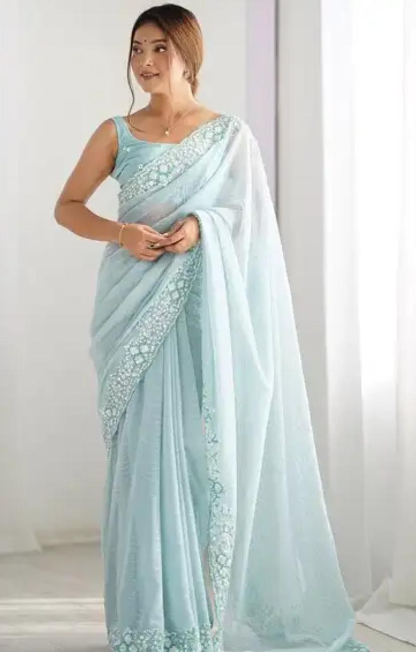 Powder Blue Embroidered Saree