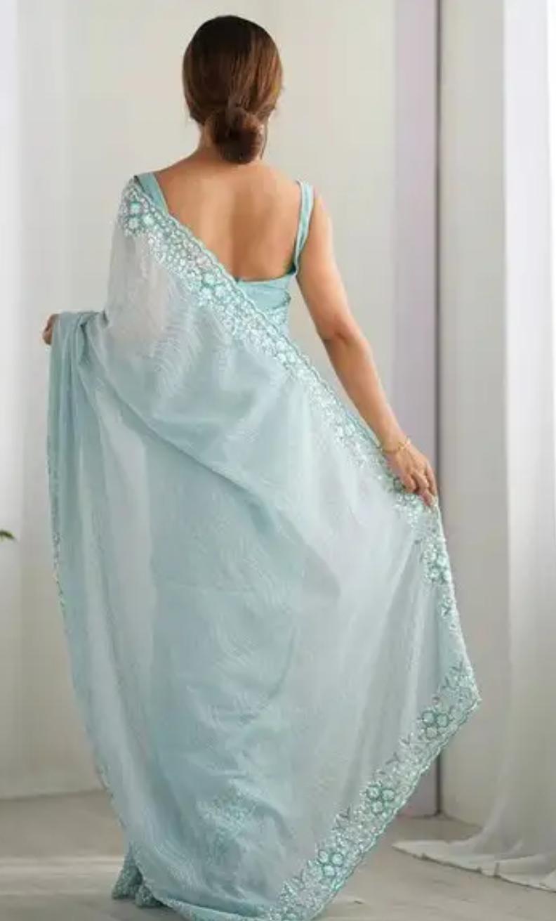 Powder Blue Embroidered Saree