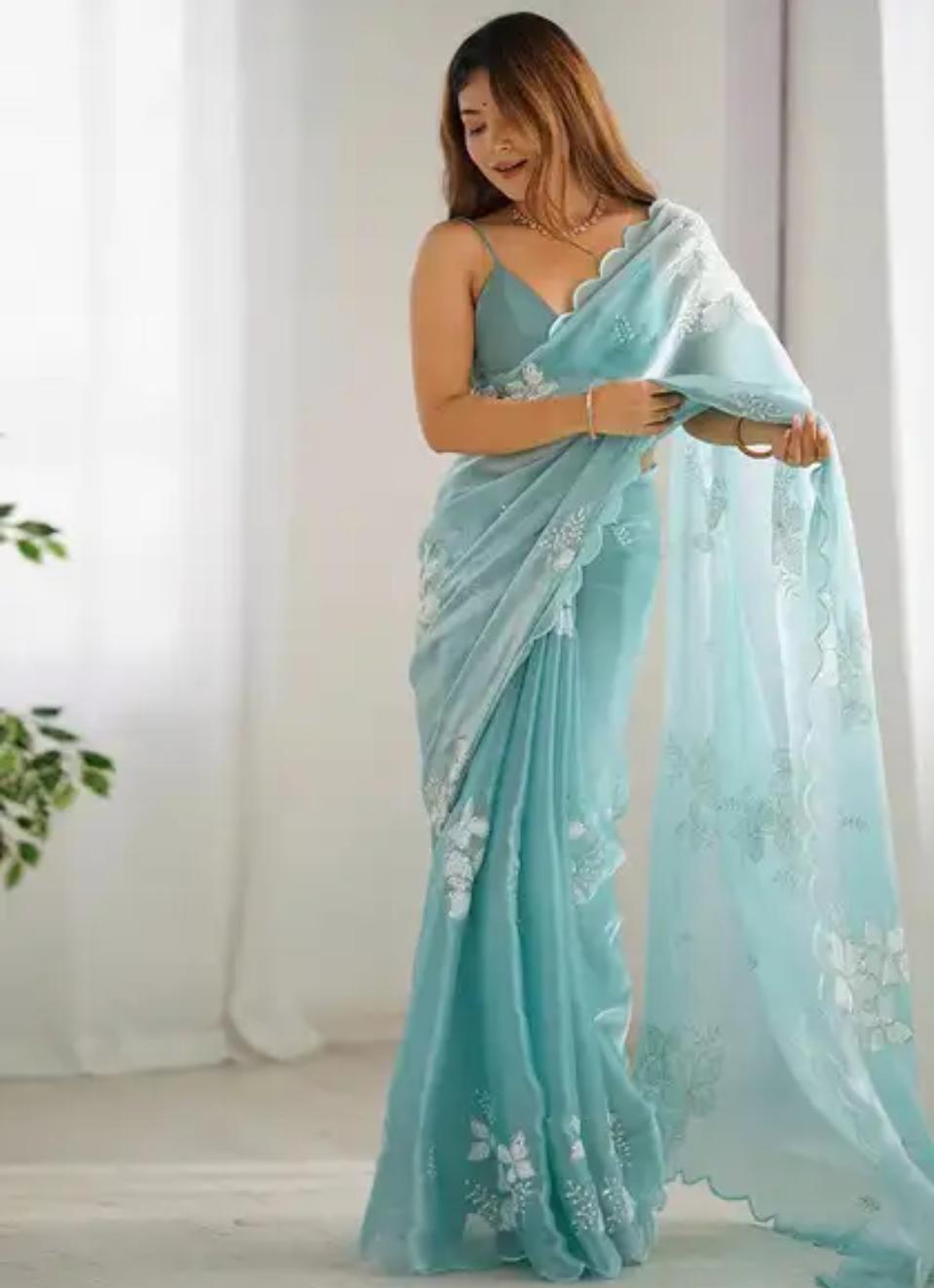 Aqua Floral Organza Saree