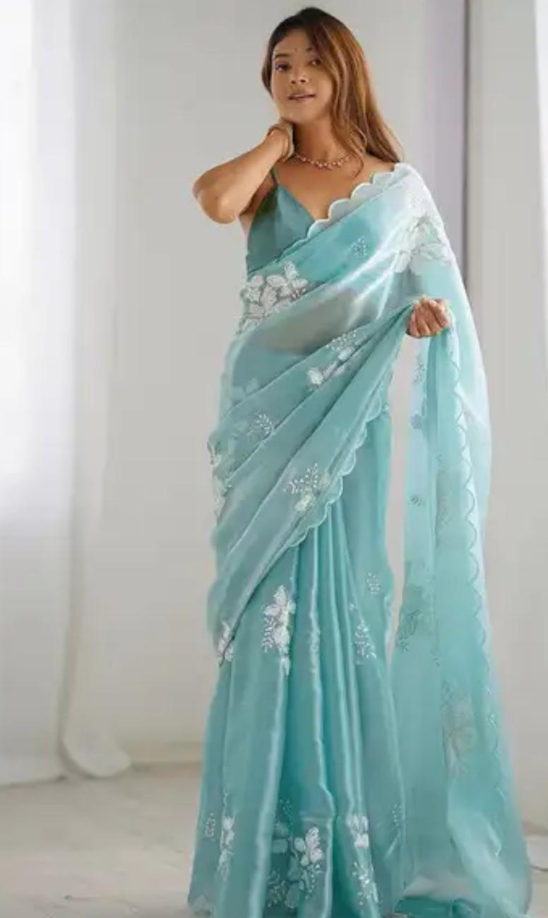 Aqua Floral Organza Saree