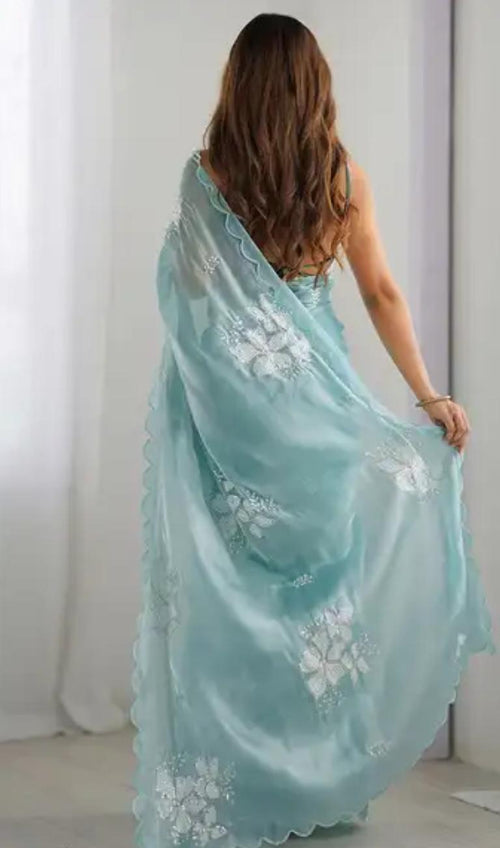 Aqua Floral Organza Saree