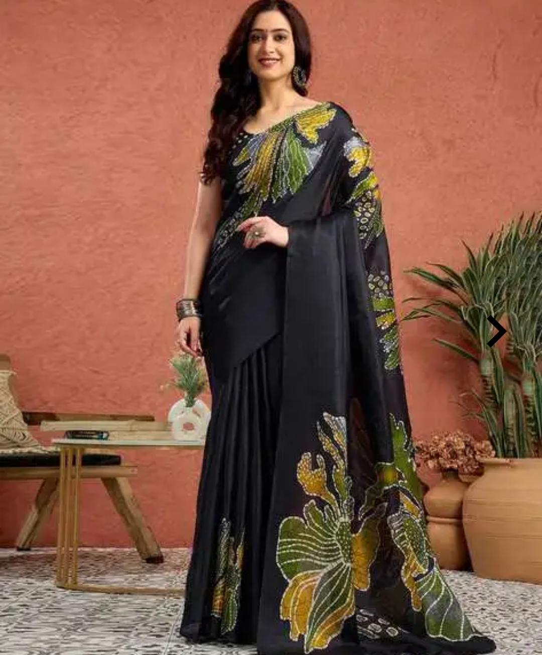 Black Floral Satin Saree