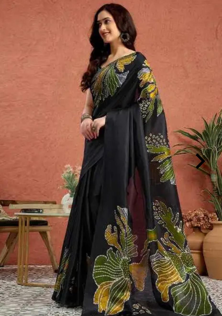 Black Floral Satin Saree