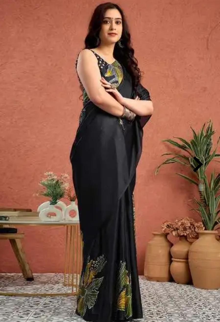 Black Floral Satin Saree