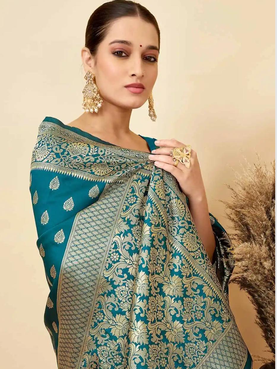 Teal Katan Silk Saree