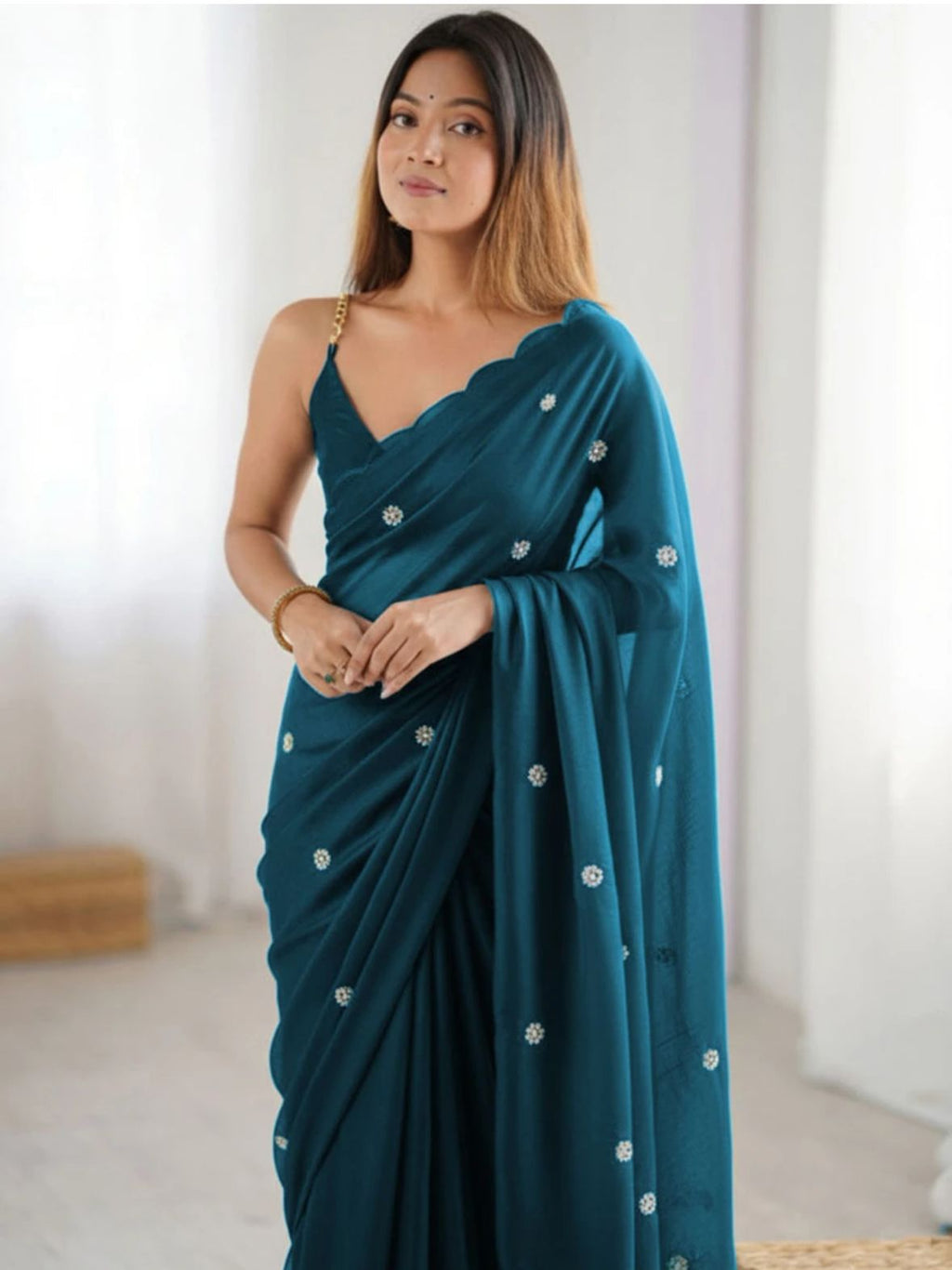Teal Crepe Saree