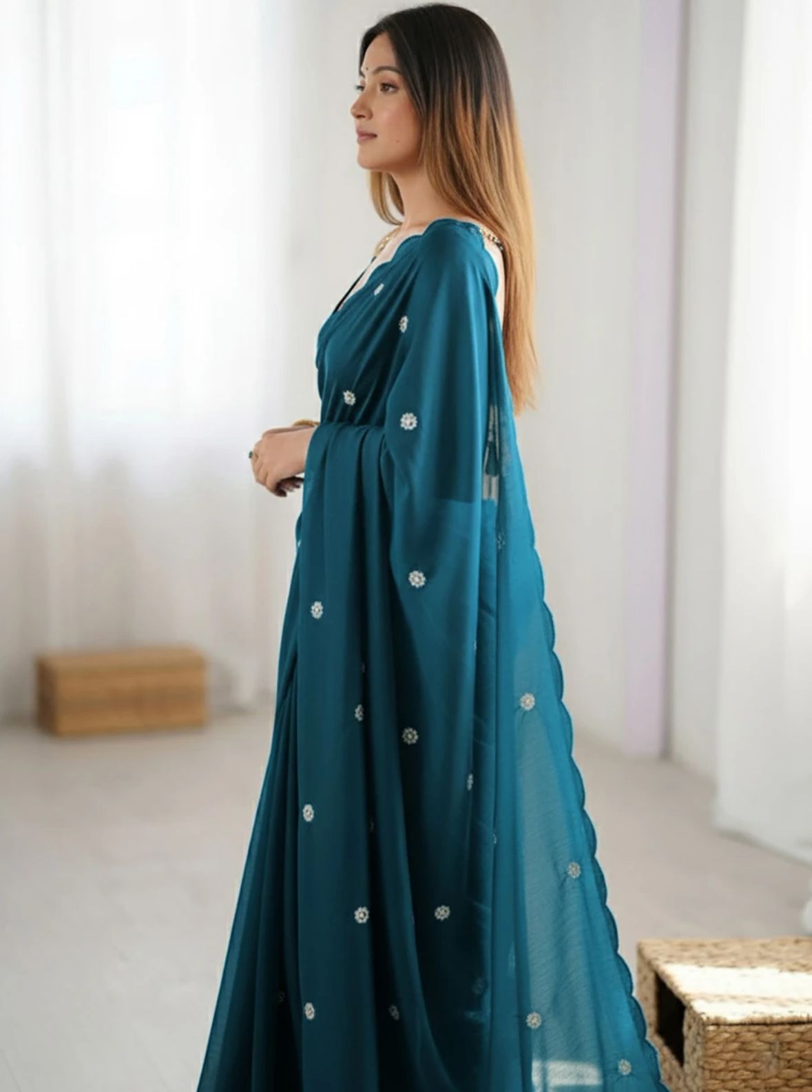 Teal Crepe Saree