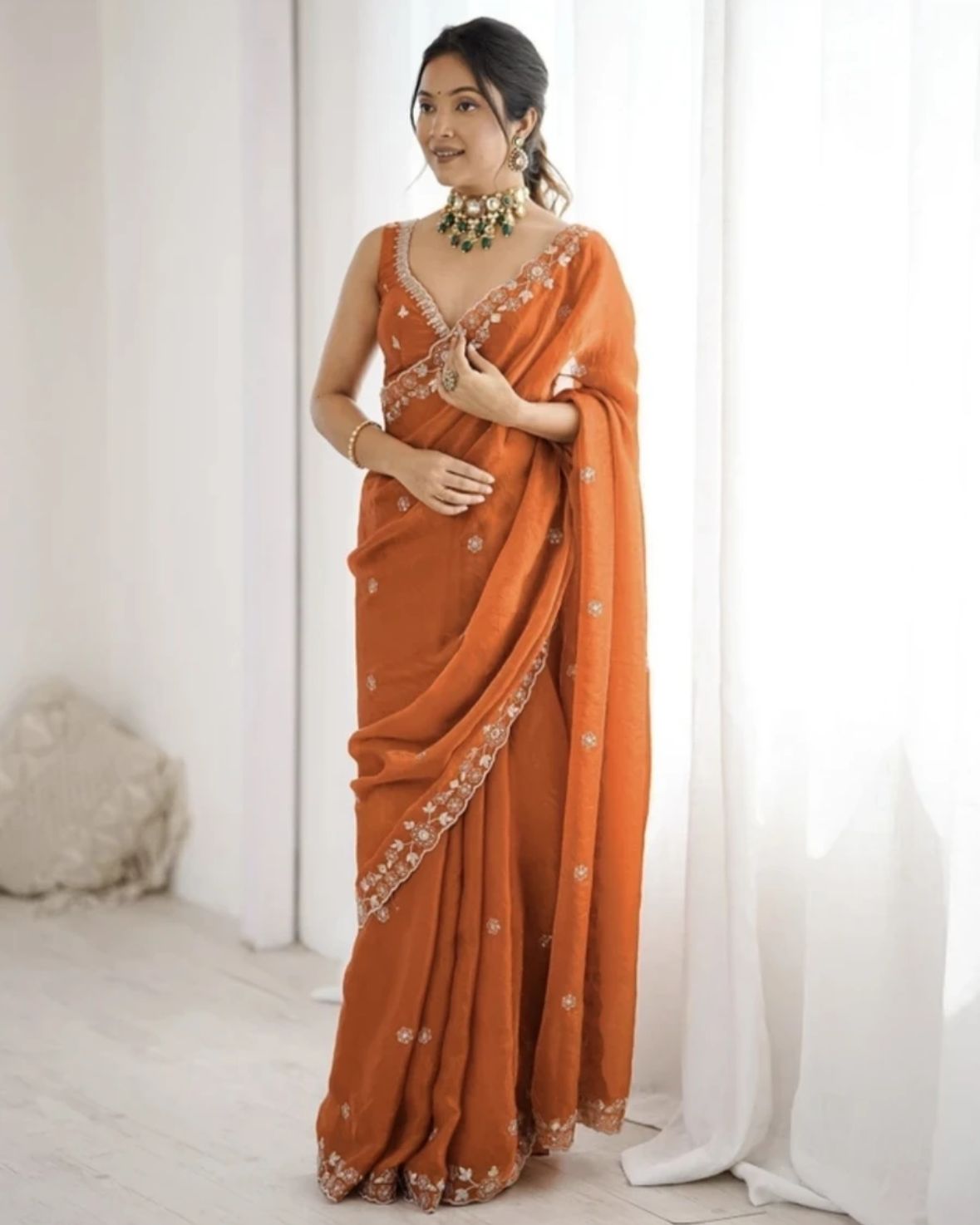 Rust Embroidered Saree
