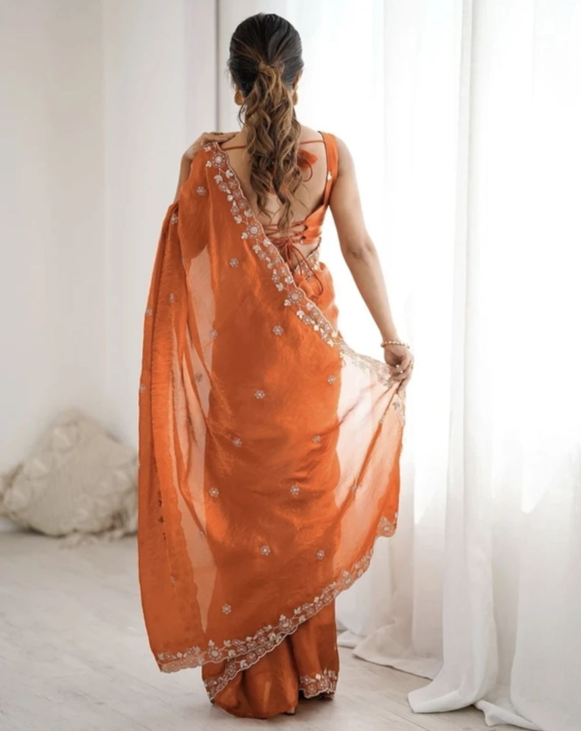 Rust Embroidered Saree
