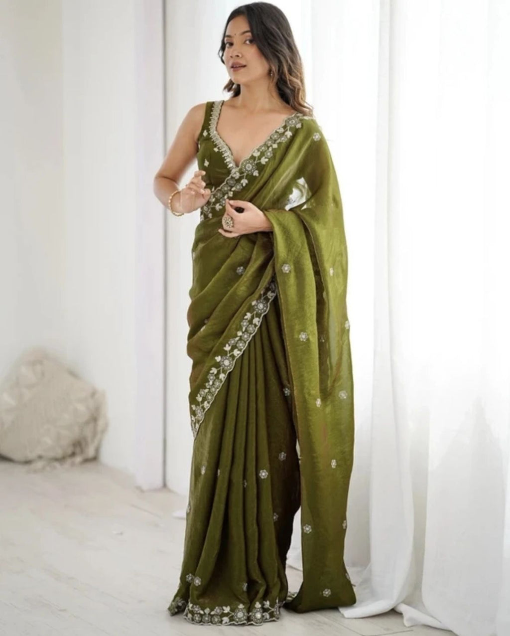 Olive Embroidered Saree