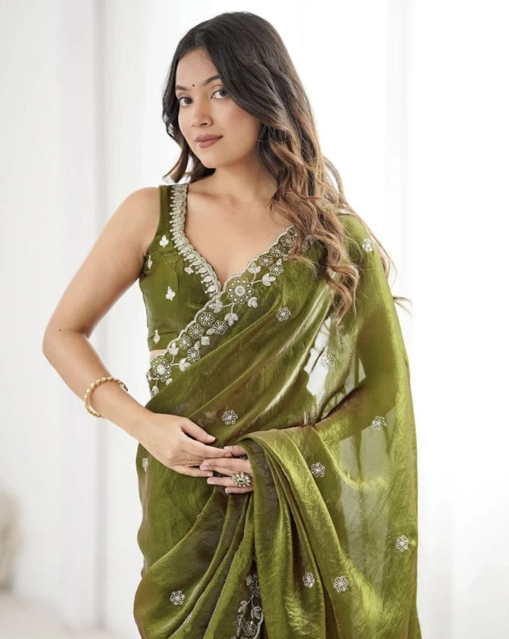 Olive Embroidered Saree