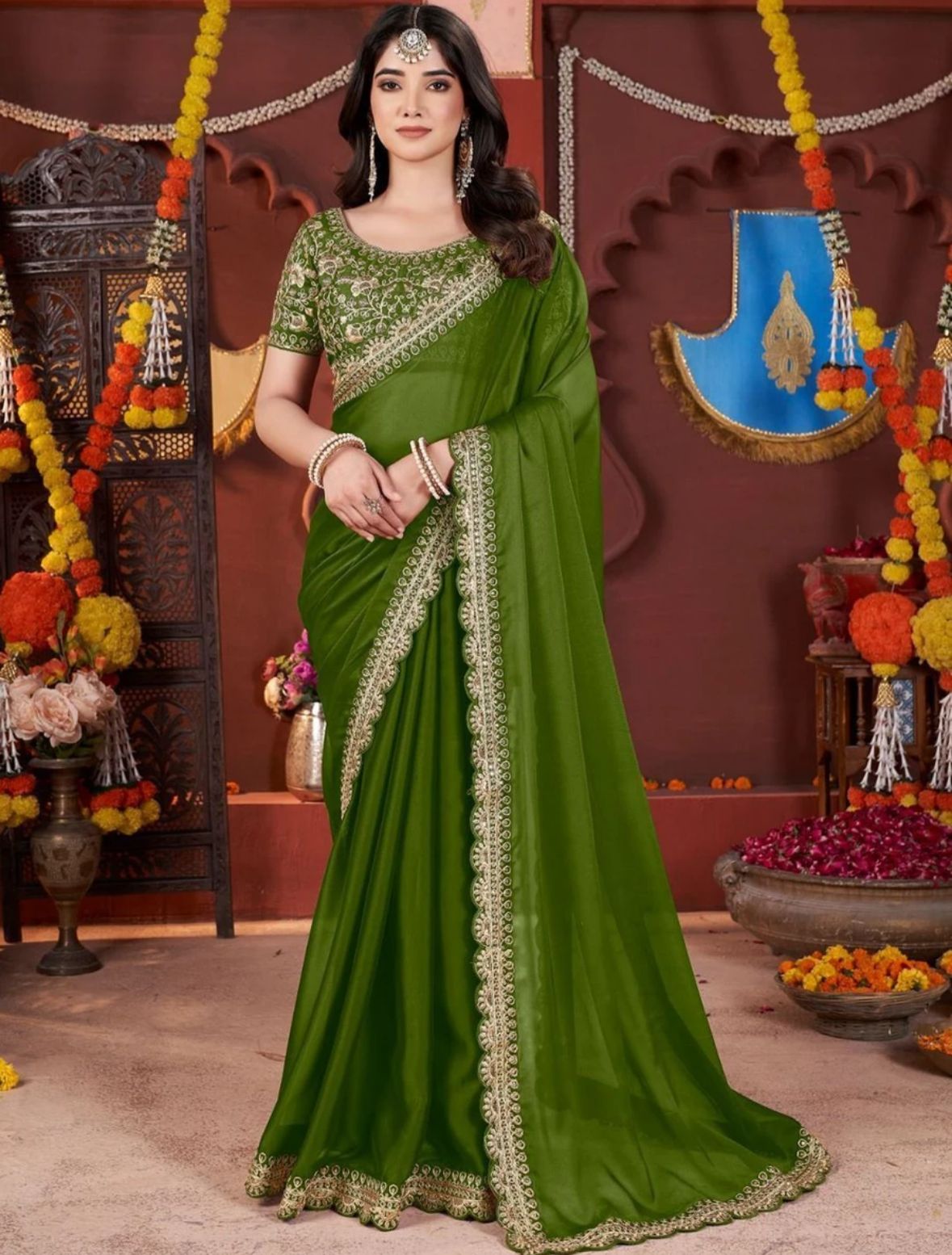 Moss Green Border Saree