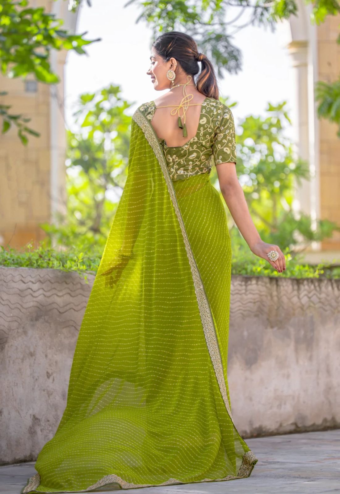 Lime Striped Georgette Saree