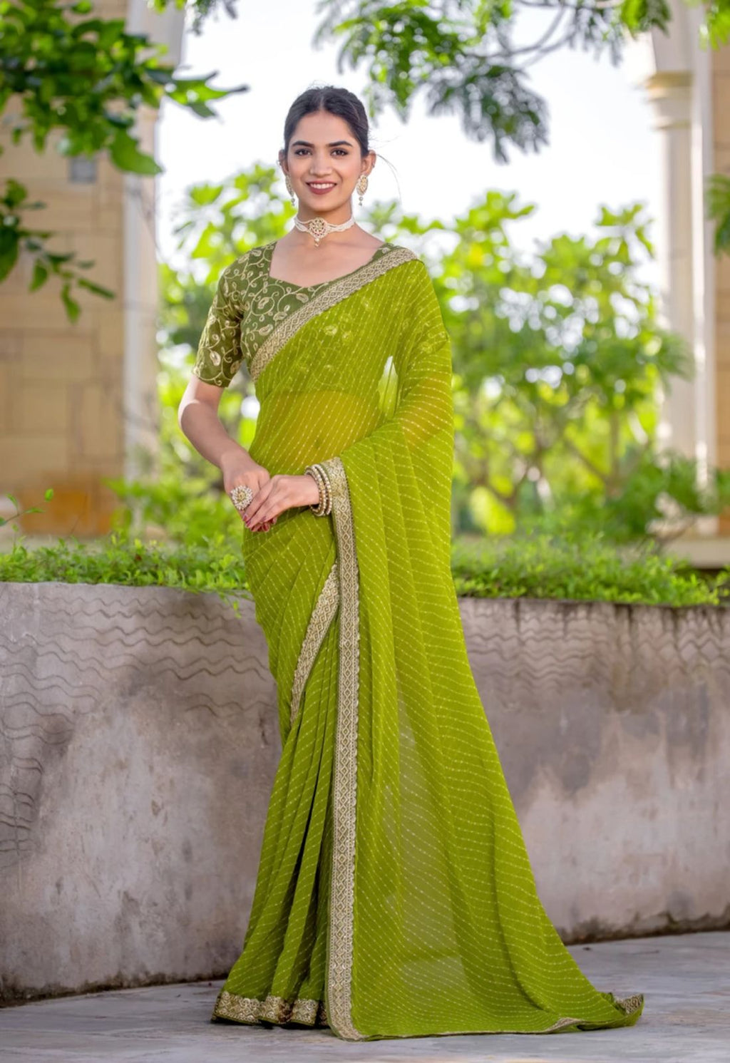 Lime Striped Georgette Saree