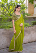 Lime Striped Georgette Saree