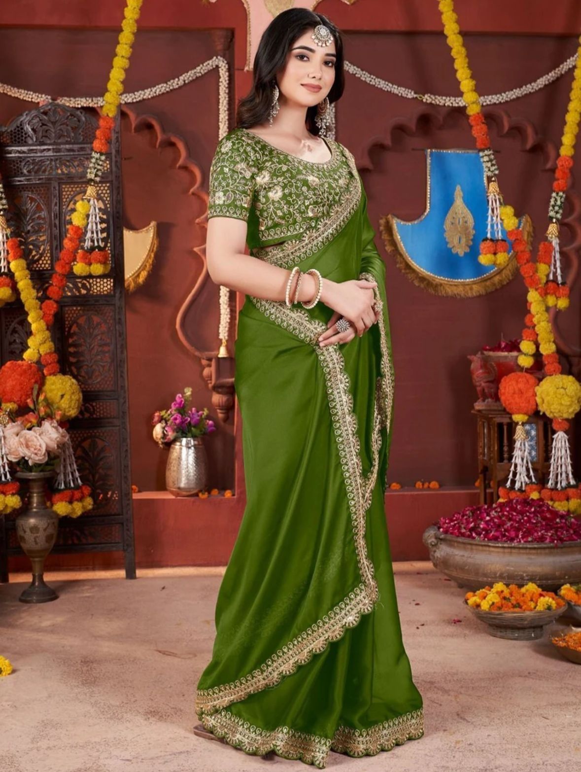 Moss Green Border Saree