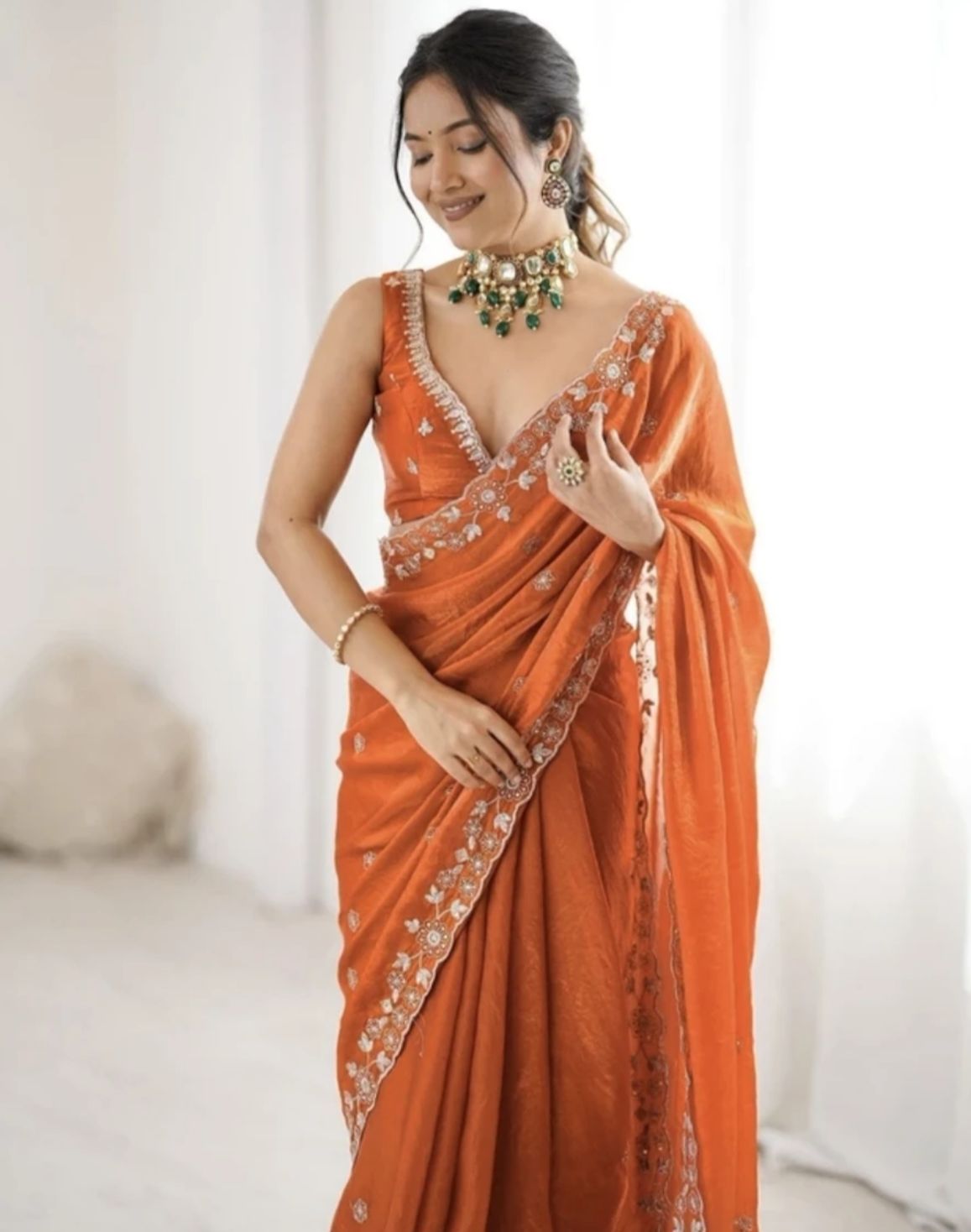 Rust Embroidered Saree