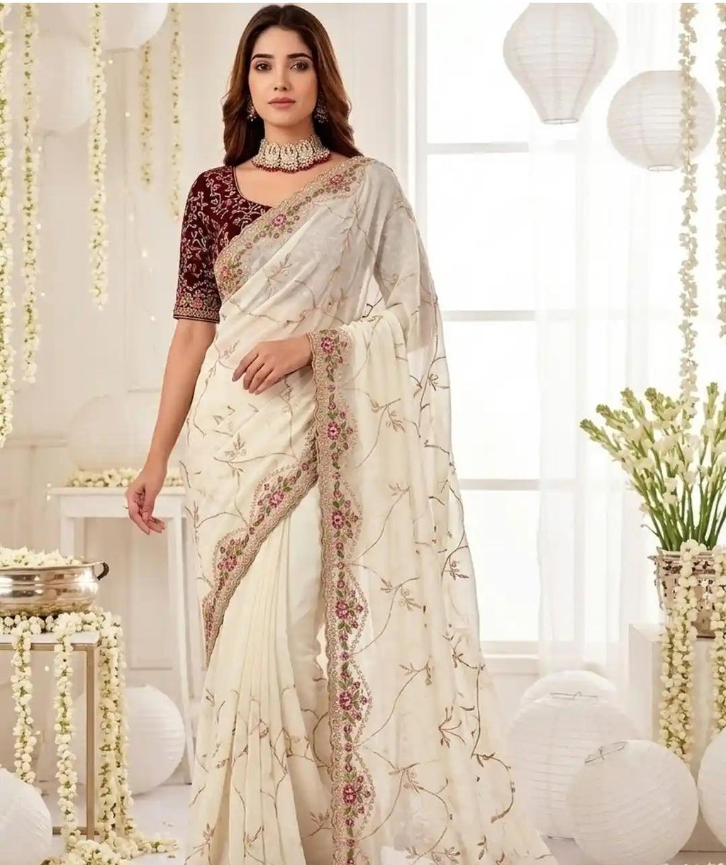 Ivory Floral Organza Saree