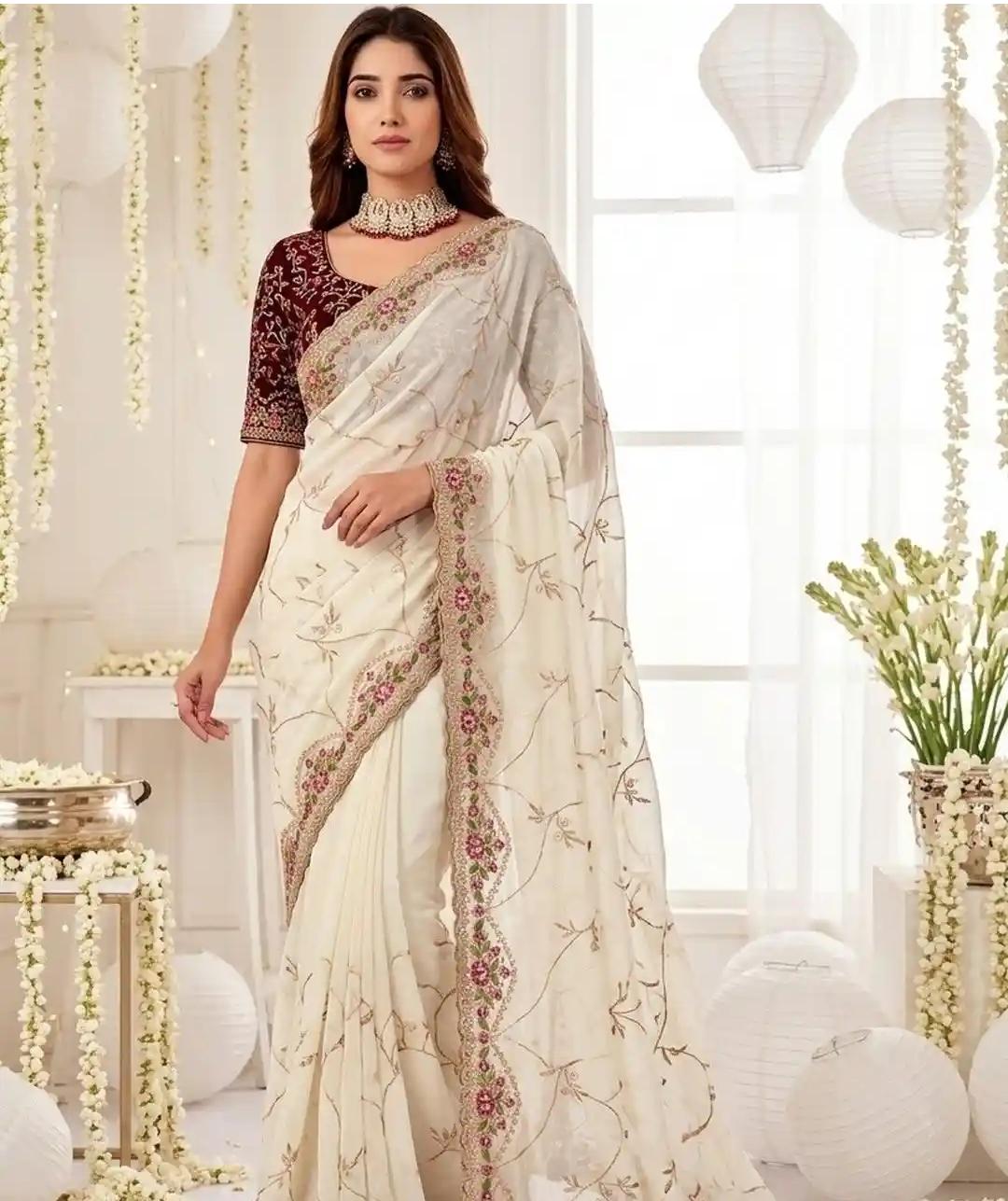 Ivory Floral Organza Saree