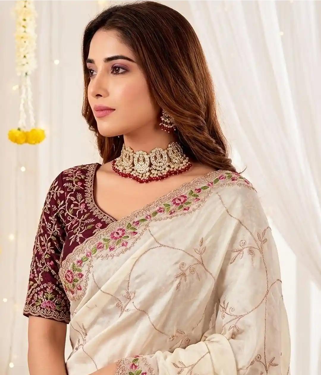 Ivory Floral Organza Saree