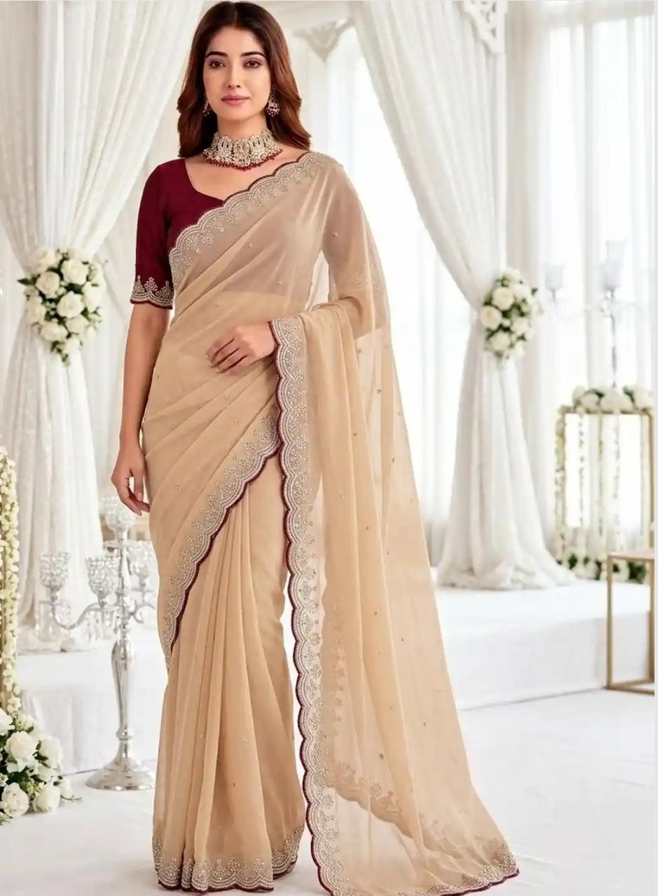 Beige Cutwork Organza Saree