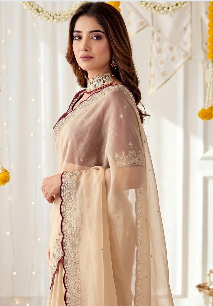 Beige Cutwork Organza Saree