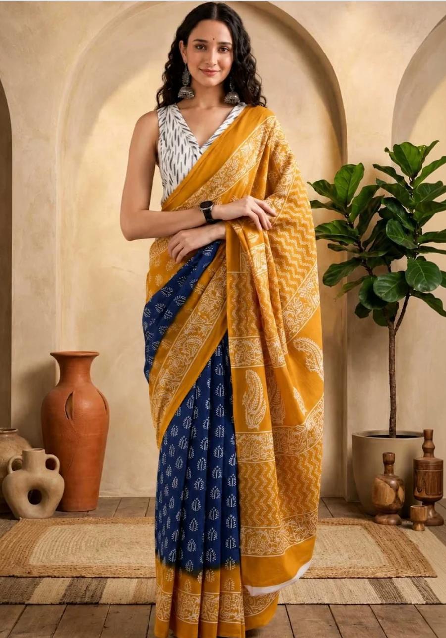 Mustard Indigo Cotton Saree