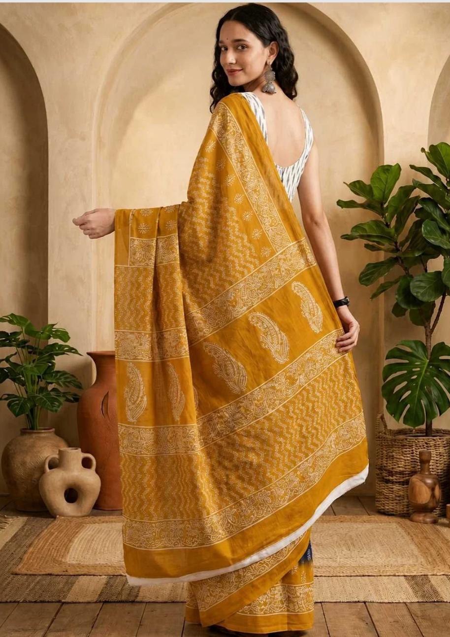 Mustard Indigo Cotton Saree