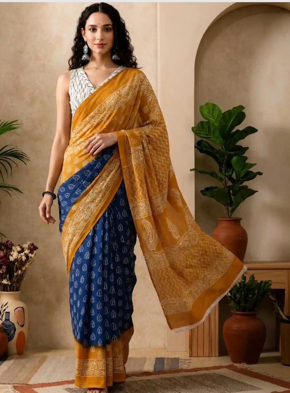 Mustard Indigo Cotton Saree